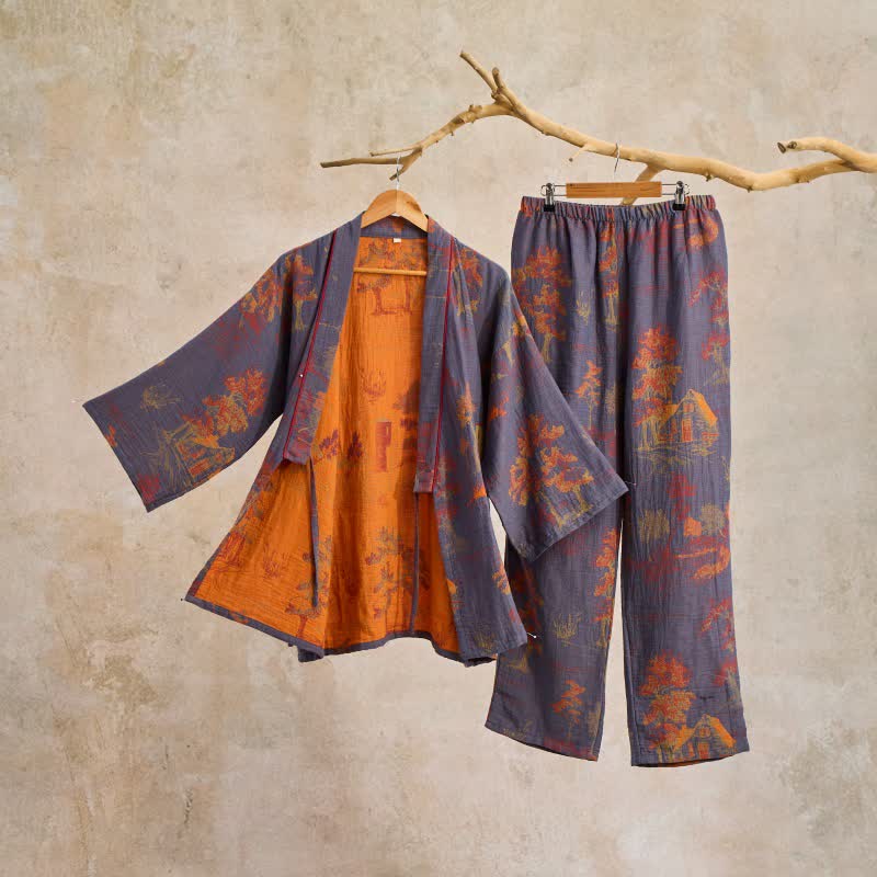 Coco Women's Pajama Set | 100% Cotton Kimono Style with Landscape Print 1