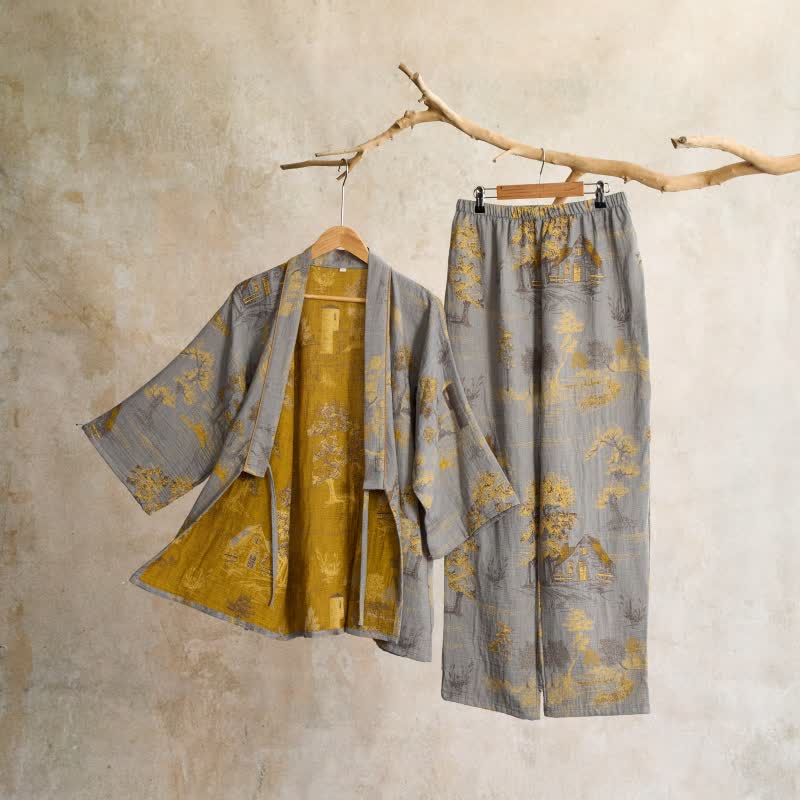 Coco Women's Pajama Set | 100% Cotton Kimono Style with Landscape Print 4