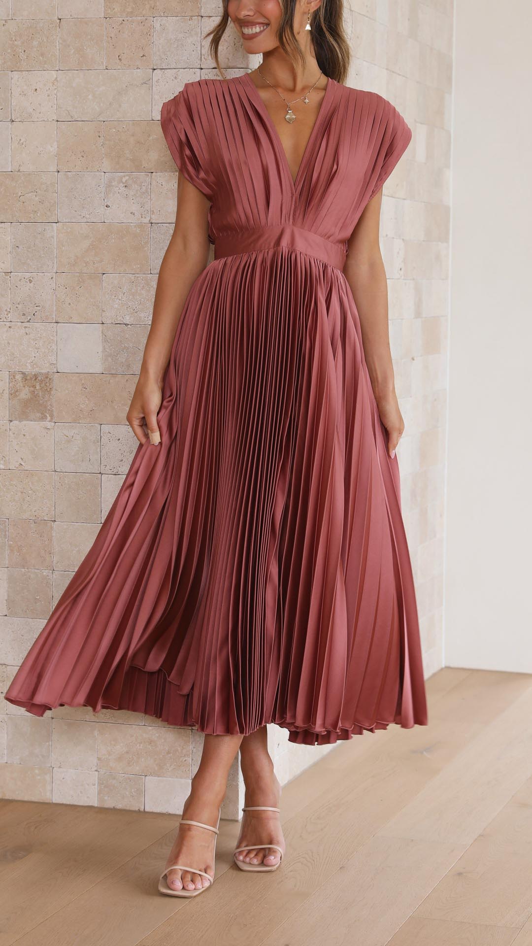 Elegant Pleated Maxi Dress | Draped V-Neck Design with Flattering Silhouette for Effortless Sophistication