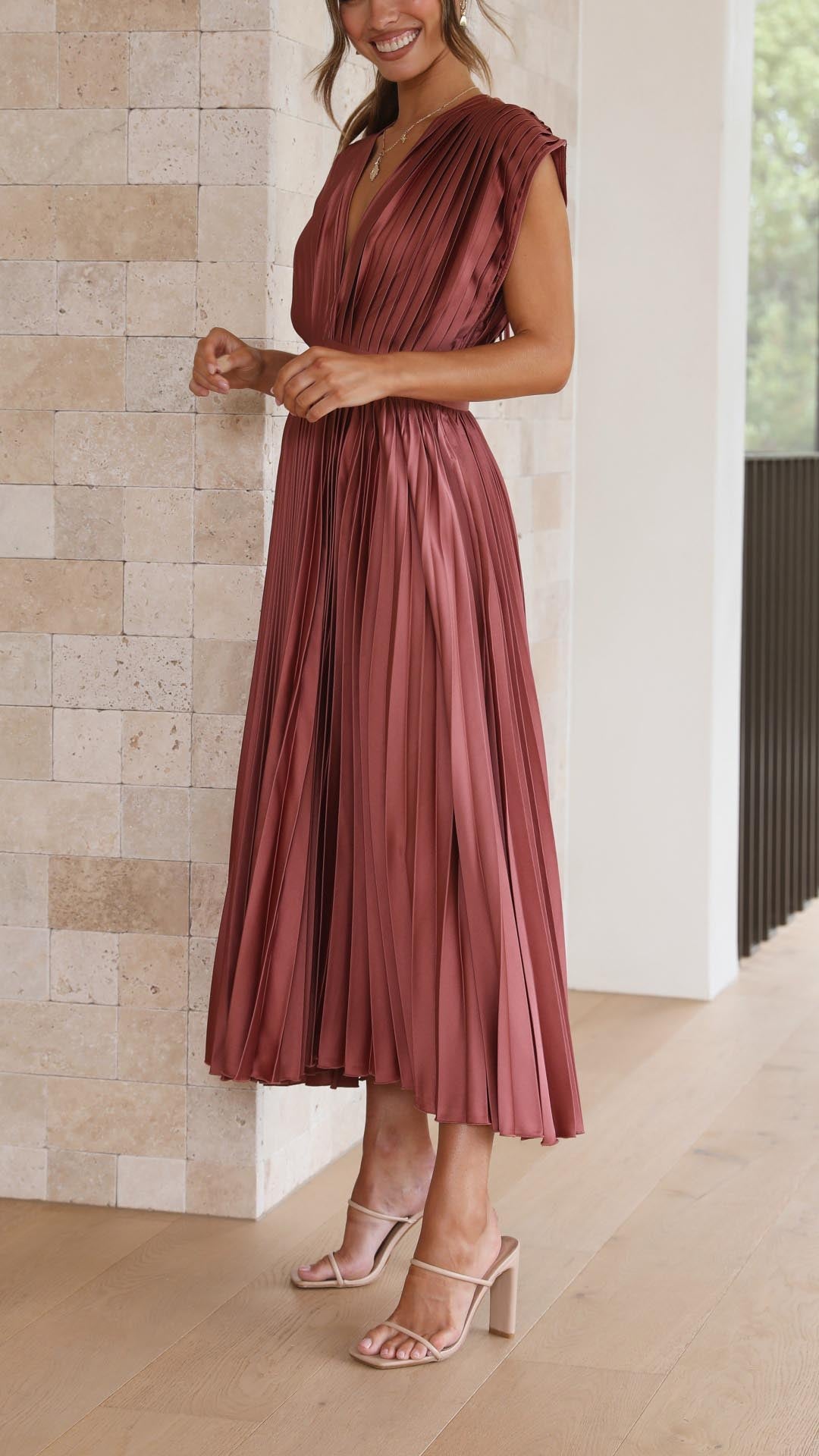 Elegant Pleated Maxi Dress | Draped V-Neck Design with Flattering Silhouette for Effortless Sophistication