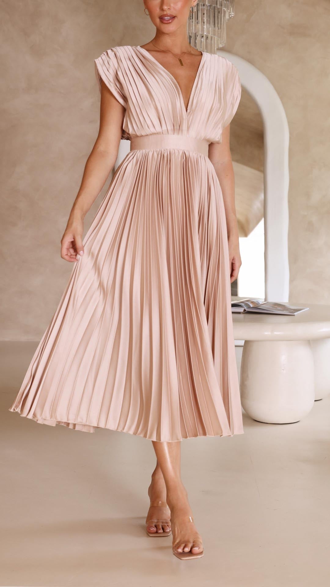 Elegant Pleated Maxi Dress | Draped V-Neck Design with Flattering Silhouette for Effortless Sophistication