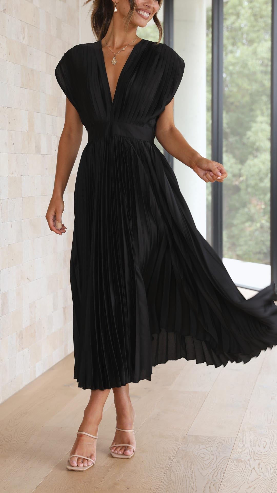 Elegant Pleated Maxi Dress | Draped V-Neck Design with Flattering Silhouette for Effortless Sophistication