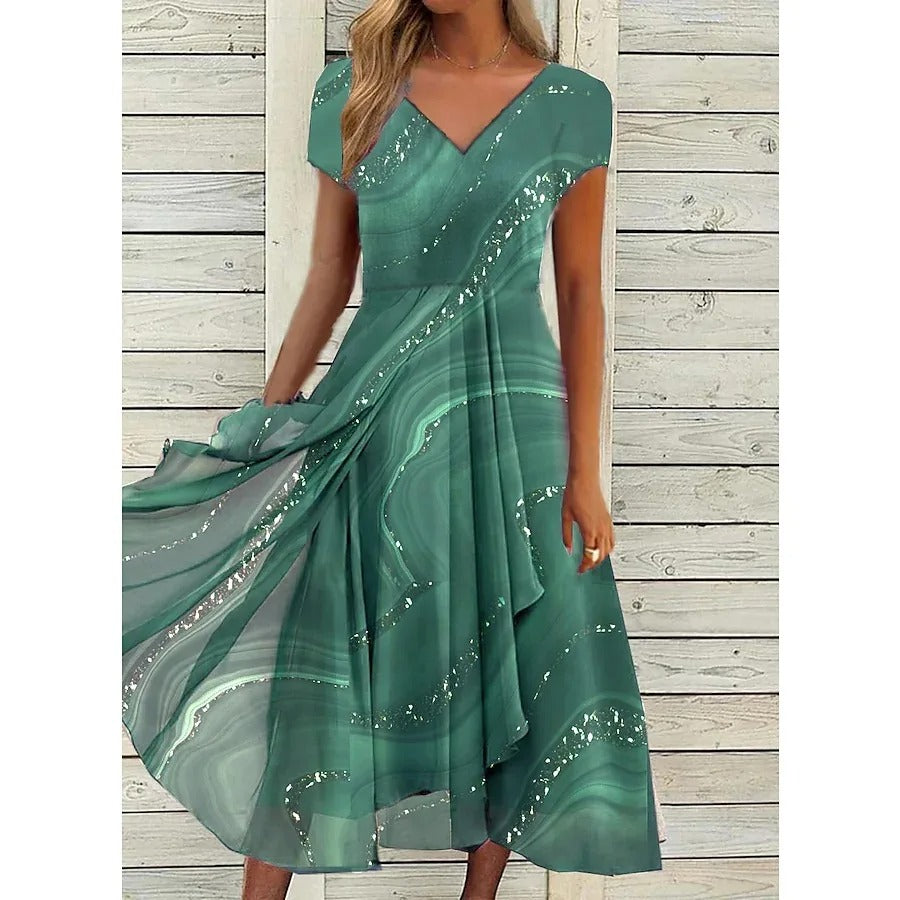 Elegant V-Neck Women's Dress with Chic Patchwork Detail | Stylish Midi Dress for Effortless Summer Elegance