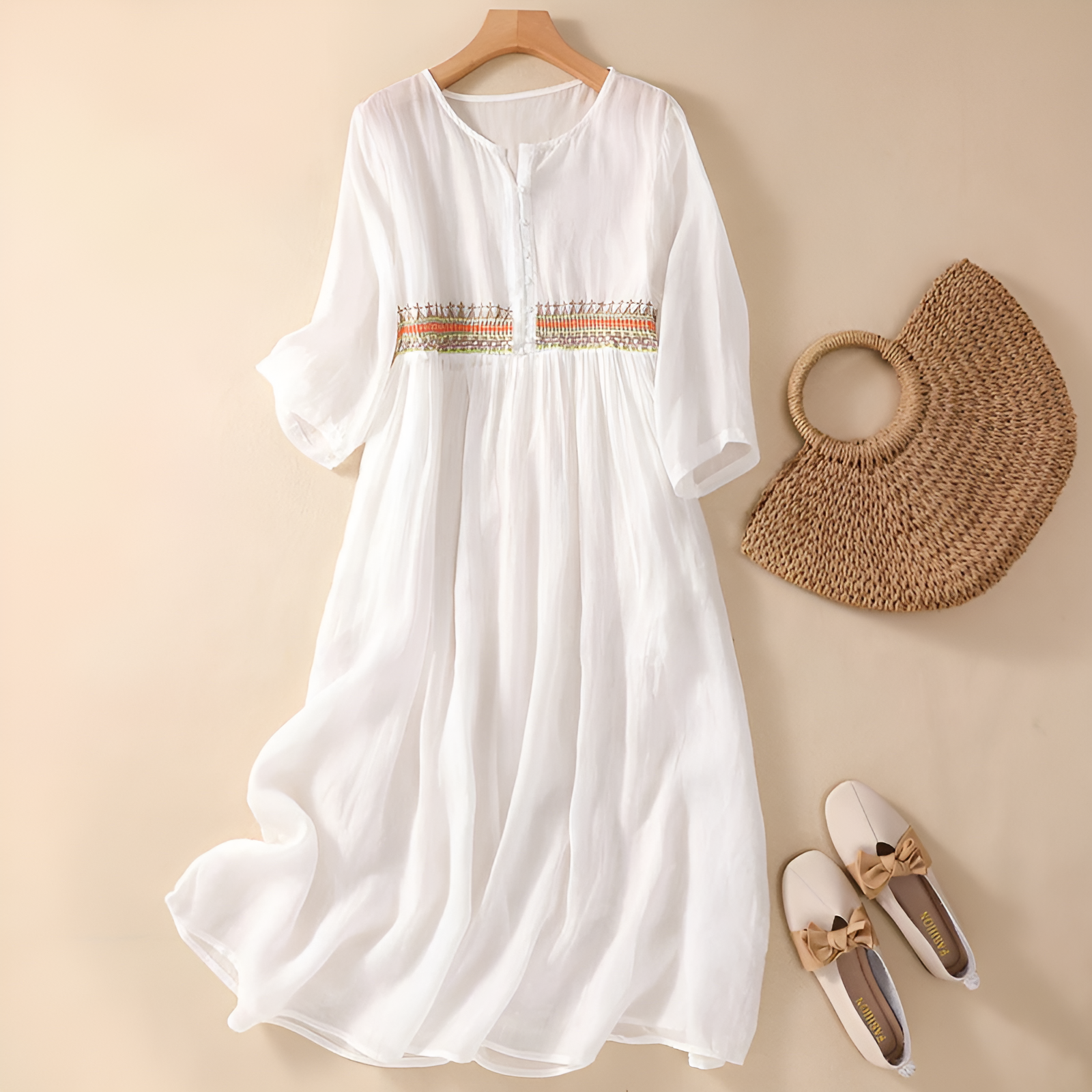 White Midi Dress with Embroidered Detailing | Long Sleeve Floral Design for Effortless Elegance