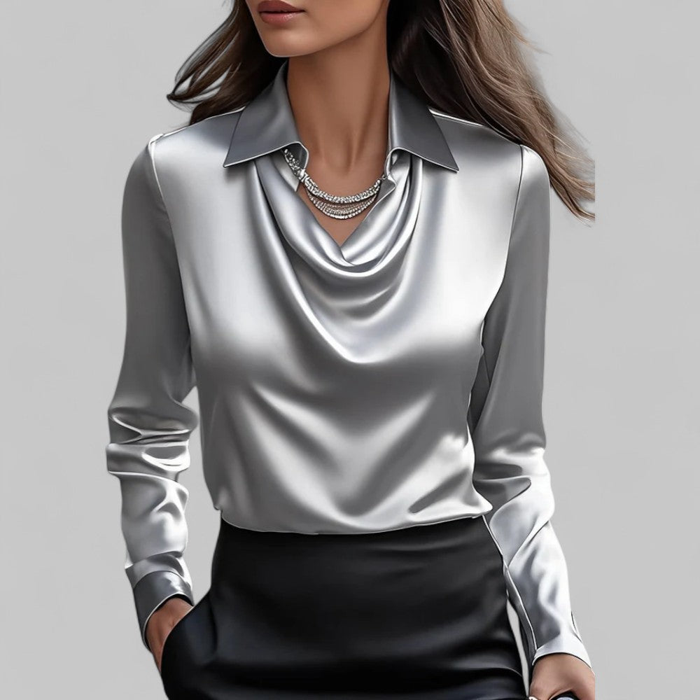 Rosa Women's Satin Blouse | Draped Neck, Long Sleeve 1