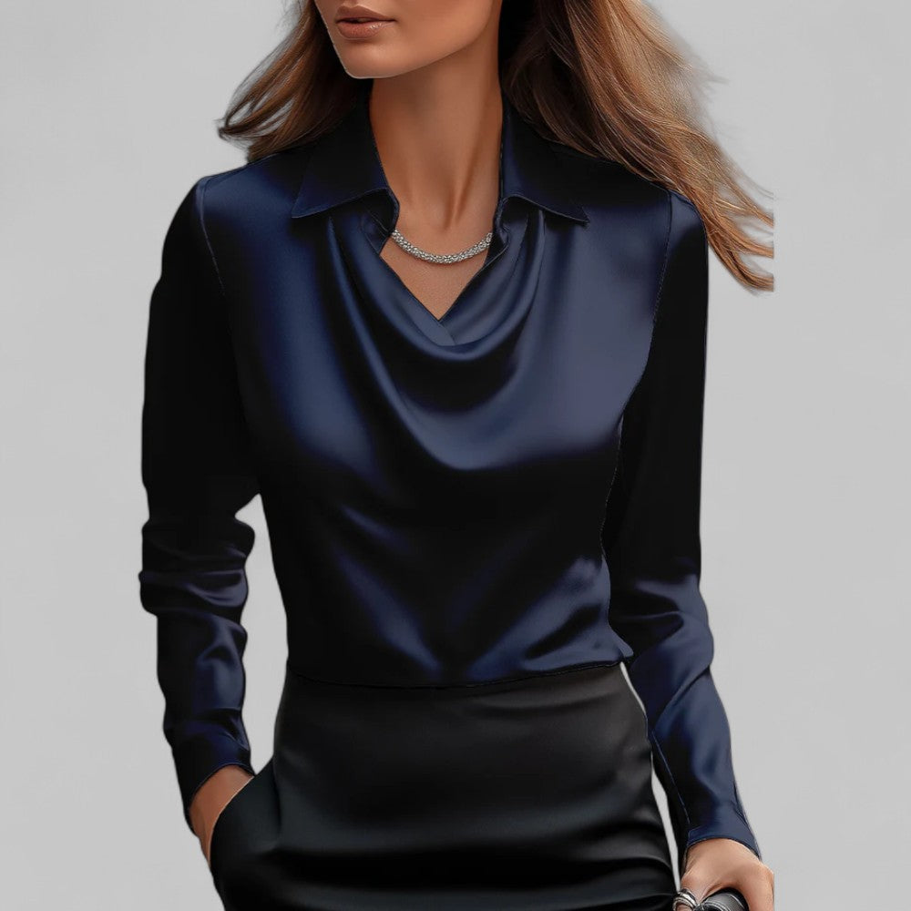 Rosa Women's Satin Blouse | Draped Neck, Long Sleeve 7