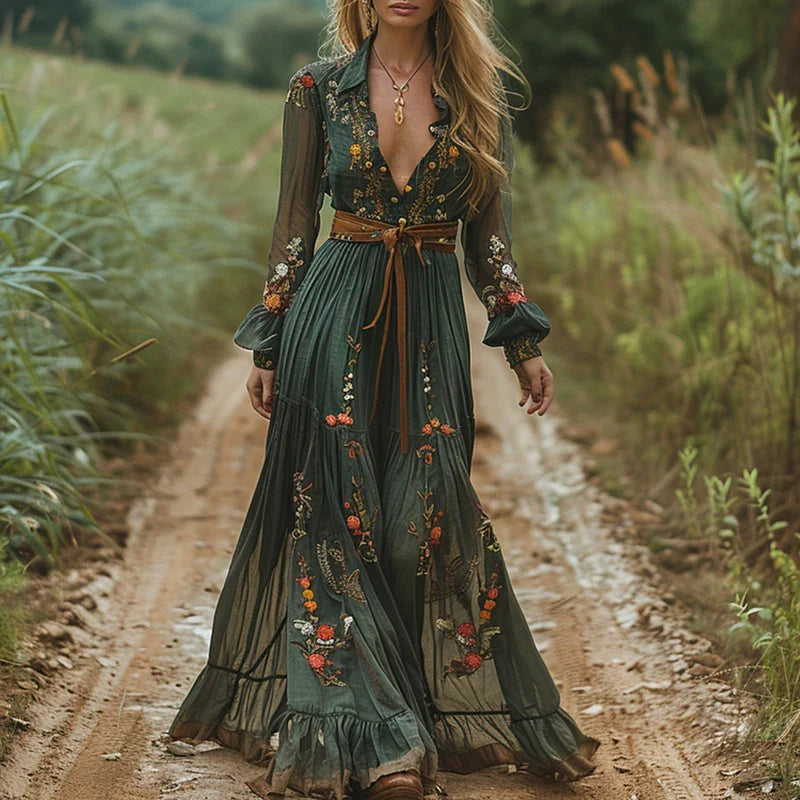 Women's Bohemian Floral Maxi Dress with Pleated Design | Effortless Summer Style for Wedding Guests