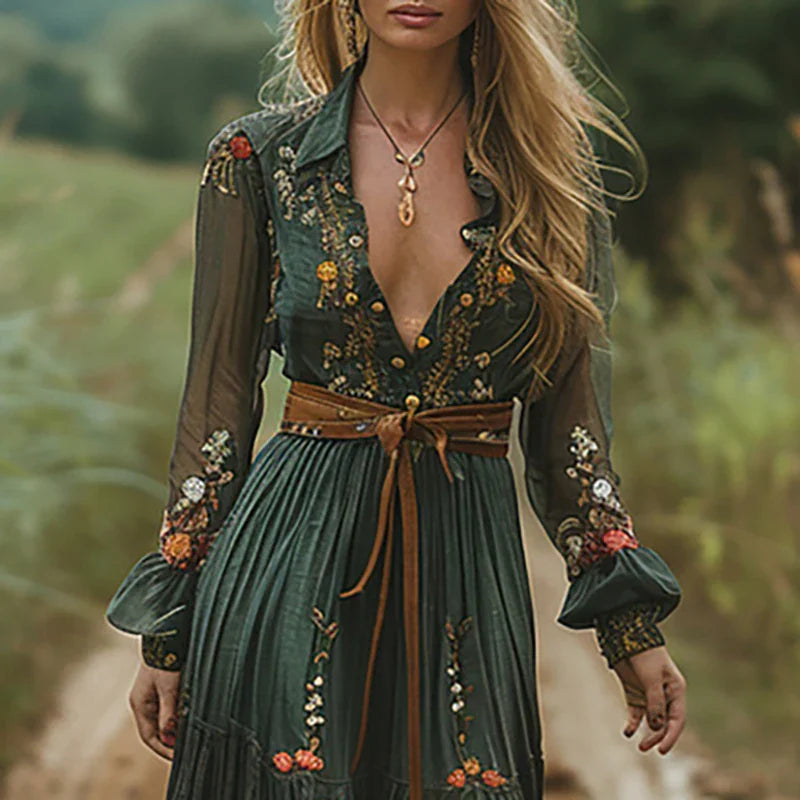 Women's Bohemian Floral Maxi Dress with Pleated Design | Effortless Summer Style for Wedding Guests