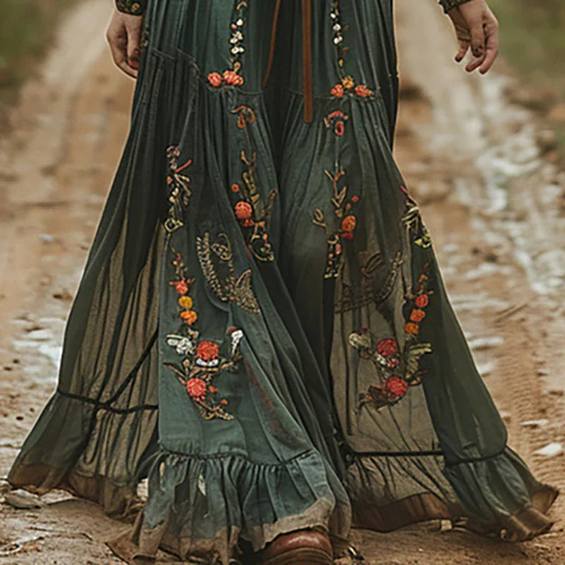 Women's Bohemian Floral Maxi Dress with Pleated Design | Effortless Summer Style for Wedding Guests