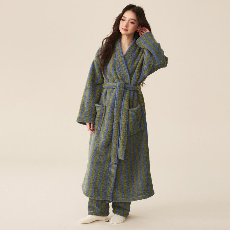 Sleek Women's Robe | Cozy Striped Polyester Fleece Bathrobe 0