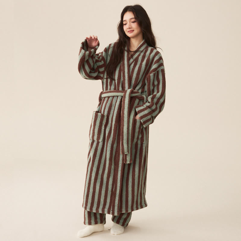 Sleek Women's Robe | Cozy Striped Polyester Fleece Bathrobe 4