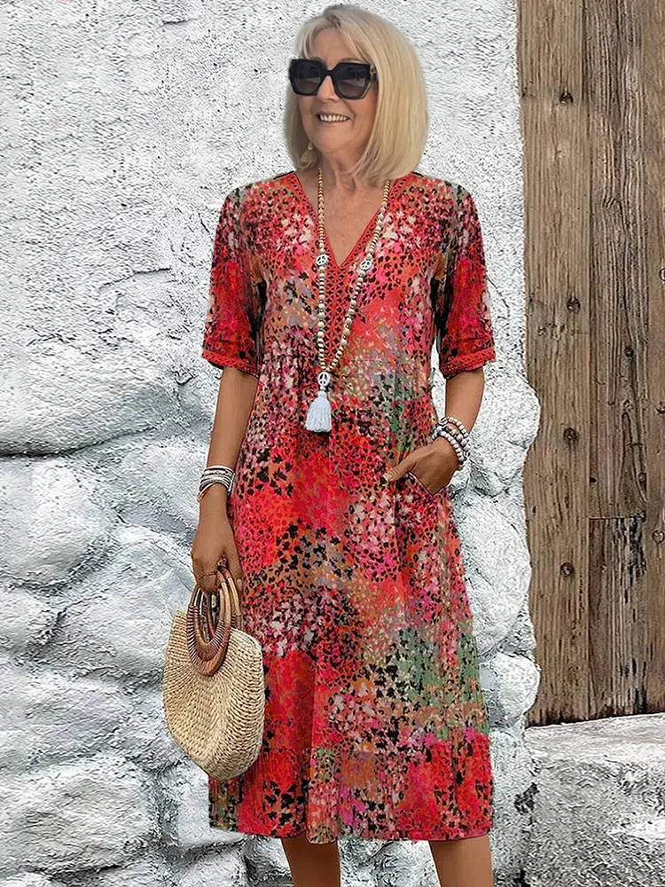 Women's Dress with Colorful Midi Design & Functional Pockets | Stylish Wedding Guest Dress for Effortless Elegance