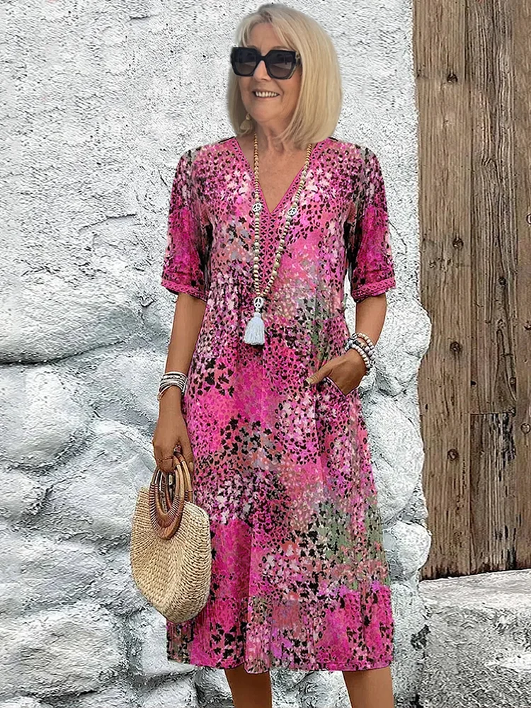 Women's Dress with Colorful Midi Design & Functional Pockets | Stylish Wedding Guest Dress for Effortless Elegance