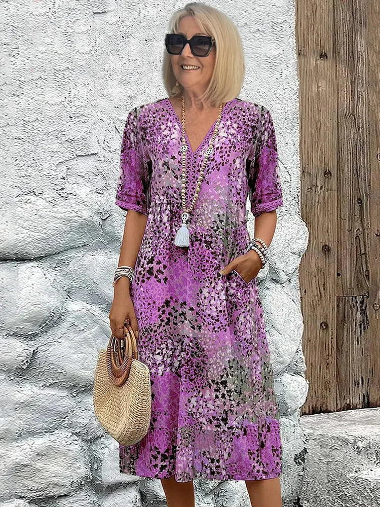 Women's Dress with Colorful Midi Design & Functional Pockets | Stylish Wedding Guest Dress for Effortless Elegance