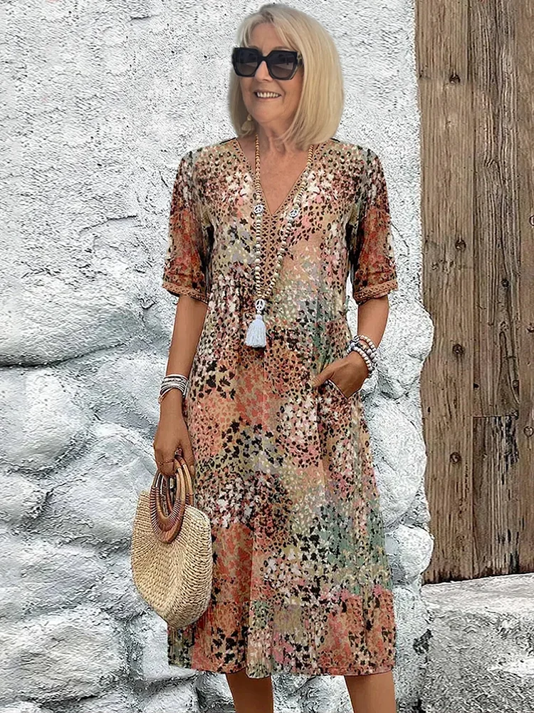 Women's Dress with Colorful Midi Design & Functional Pockets | Stylish Wedding Guest Dress for Effortless Elegance