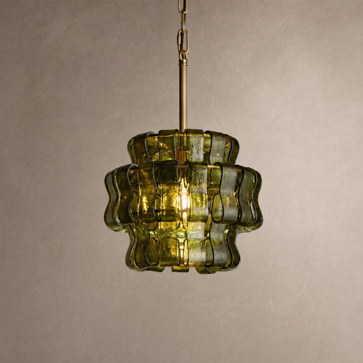 Ghiaccio Pendant in Green textured art glass, lit