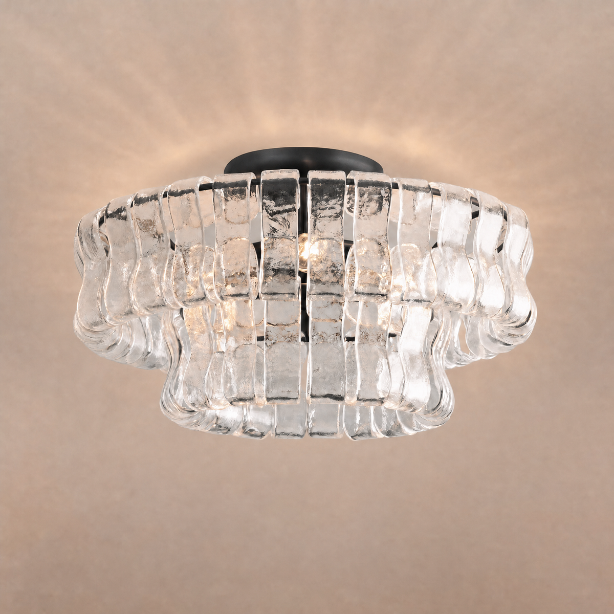 Ghiaccio Flush Mount in Clear art glass, Black finish, lit