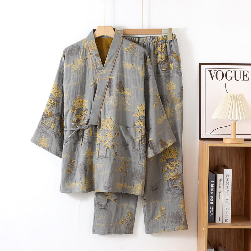 Coco Women's Pajama Set | Cotton Kimono Style with Landscape Print 0