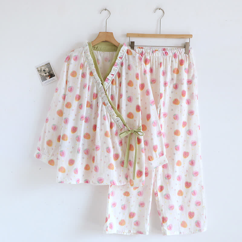 Cora Women's Pajamas Set | Soft Cotton Gauze, Strawberry Jacquard Pattern 0