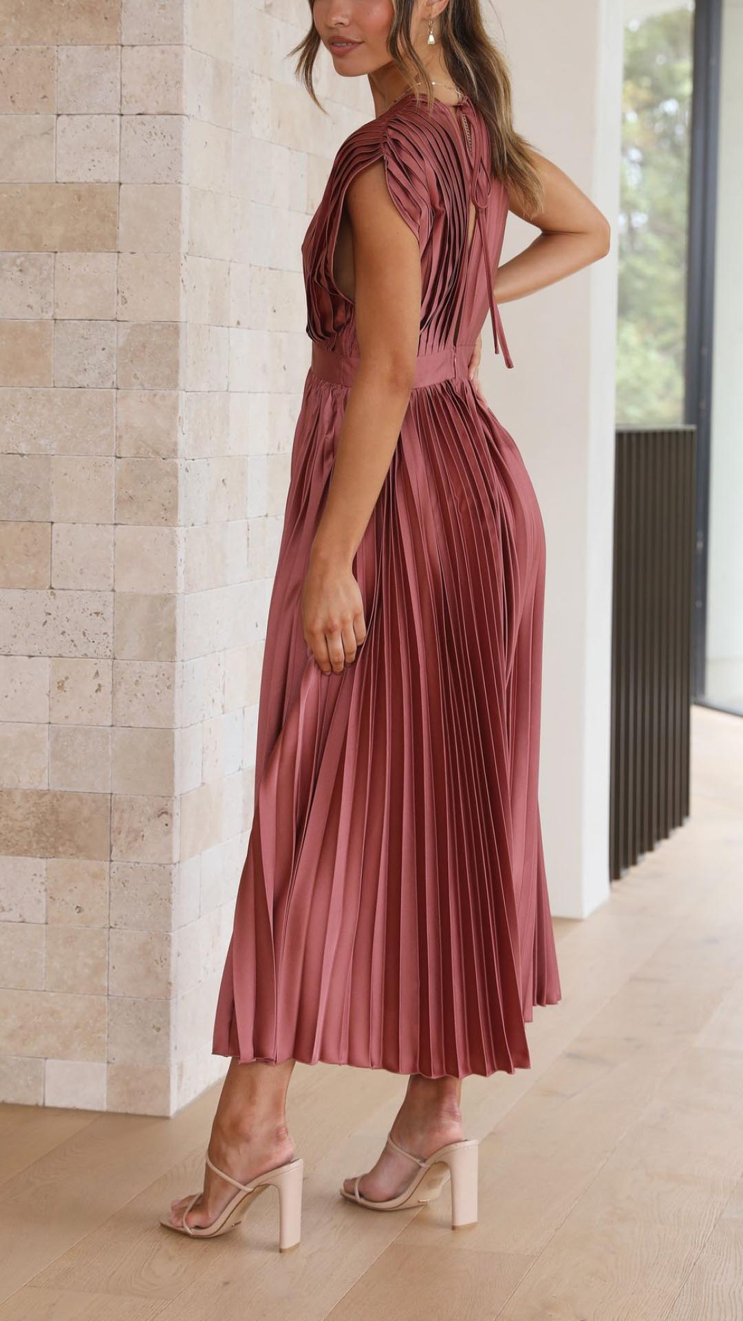 Elegant Pleated Maxi Dress | Draped V-Neck Design with Flattering Silhouette for Effortless Sophistication
