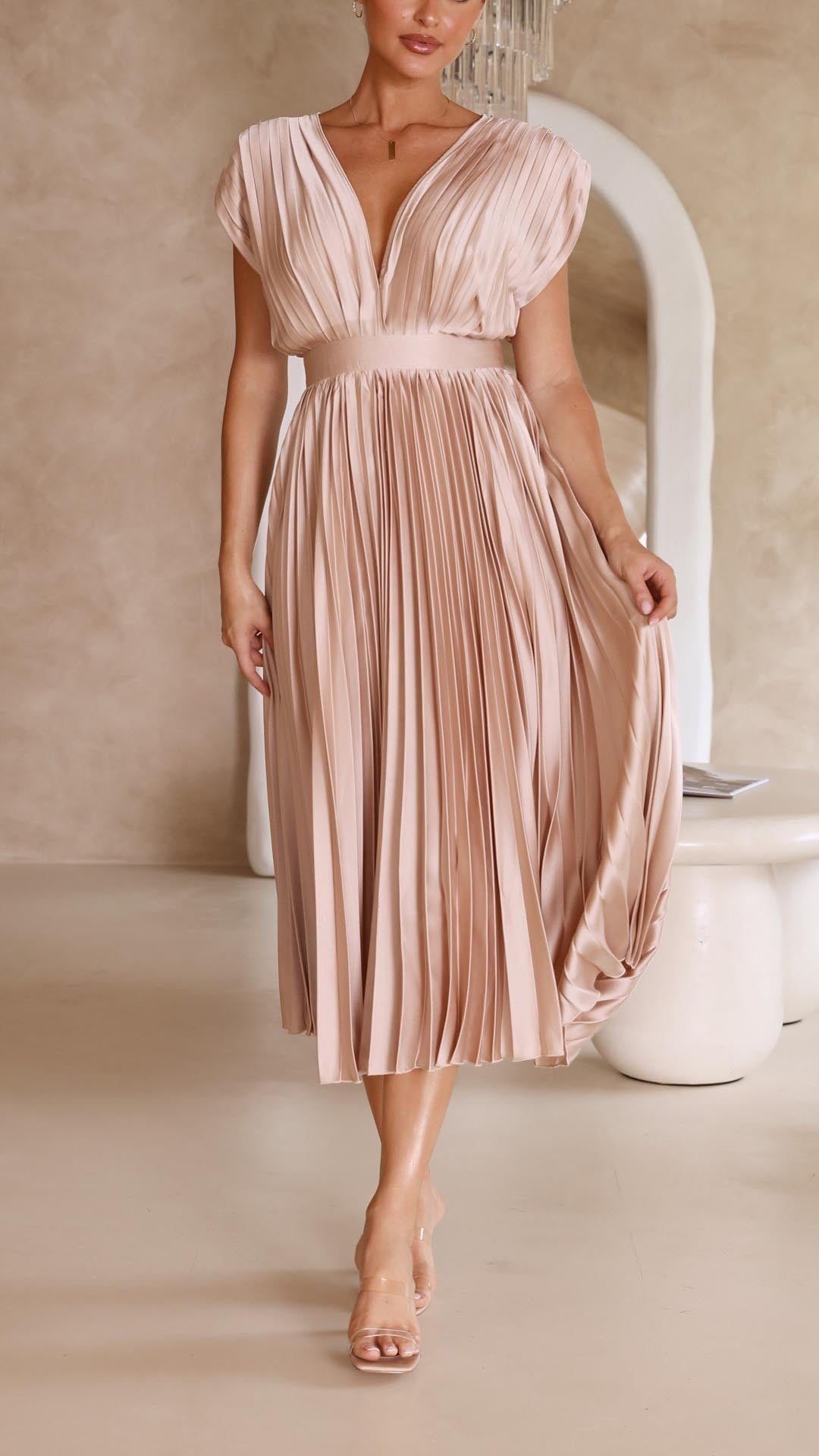 Elegant Pleated Maxi Dress | Draped V-Neck Design with Flattering Silhouette for Effortless Sophistication