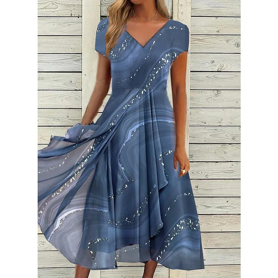 Elegant V-Neck Women's Dress with Chic Patchwork Detail | Stylish Midi Dress for Effortless Summer Elegance