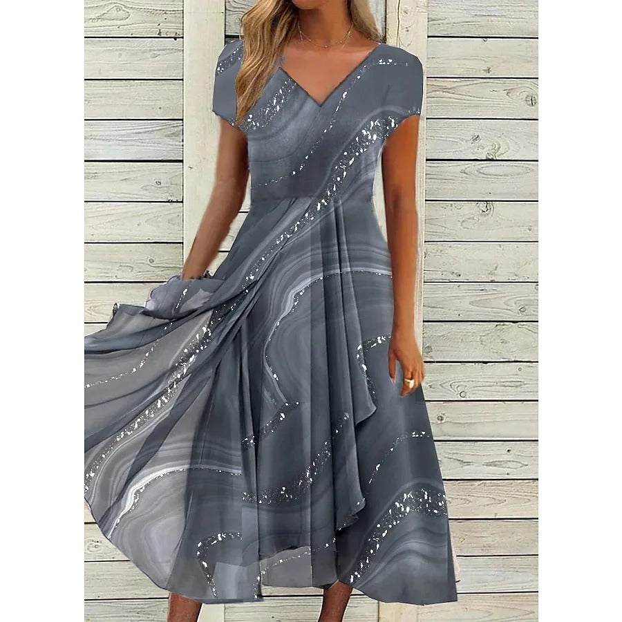 Elegant V-Neck Women's Dress with Chic Patchwork Detail | Stylish Midi Dress for Effortless Summer Elegance