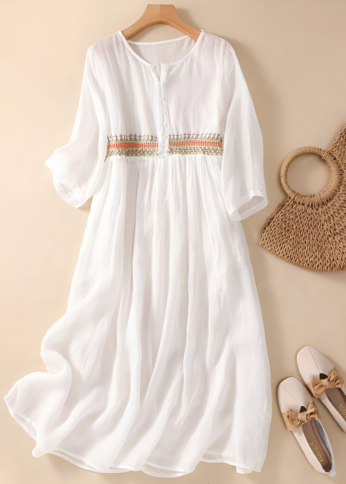 White Midi Dress with Embroidered Detailing | Long Sleeve Floral Design for Effortless Elegance