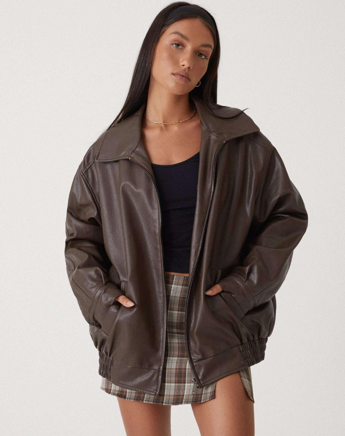 Raven Women's Oversized Bomber Jacket | Soft Leather, Casual Chic 0