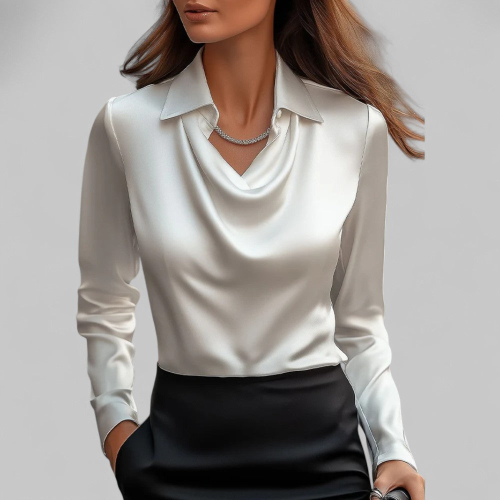 Rosa Women's Satin Blouse | Draped Neck, Long Sleeve 0