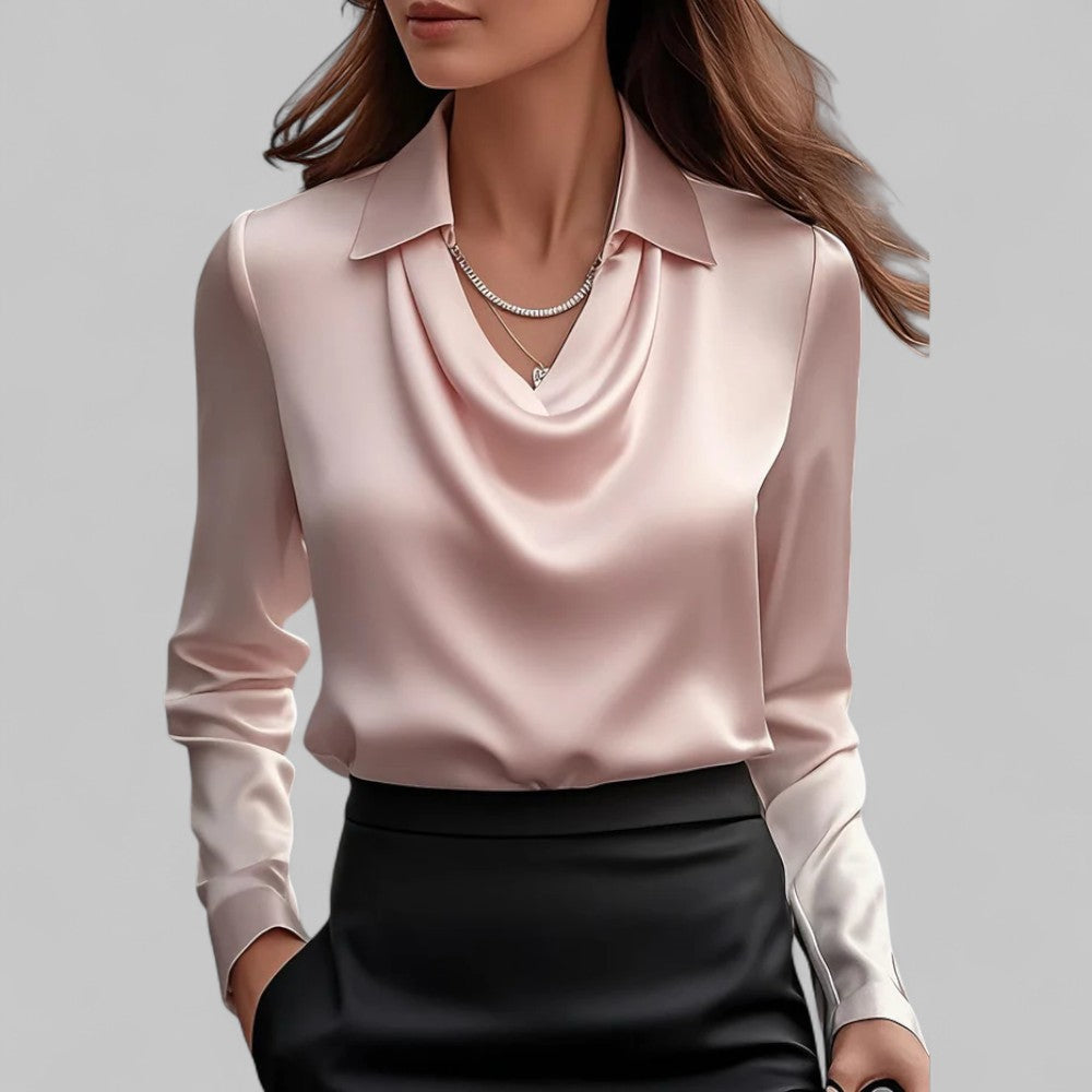 Rosa Women's Satin Blouse | Draped Neck, Long Sleeve 2