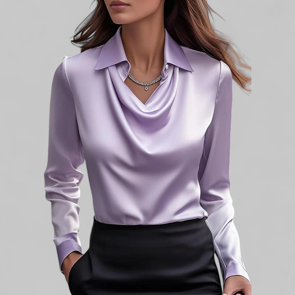 Rosa Women's Satin Blouse | Draped Neck, Long Sleeve 3