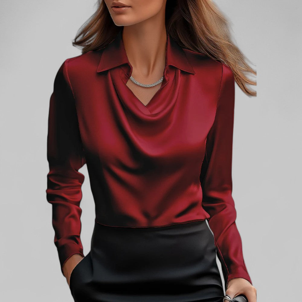 Rosa Women's Satin Blouse | Draped Neck, Long Sleeve 4