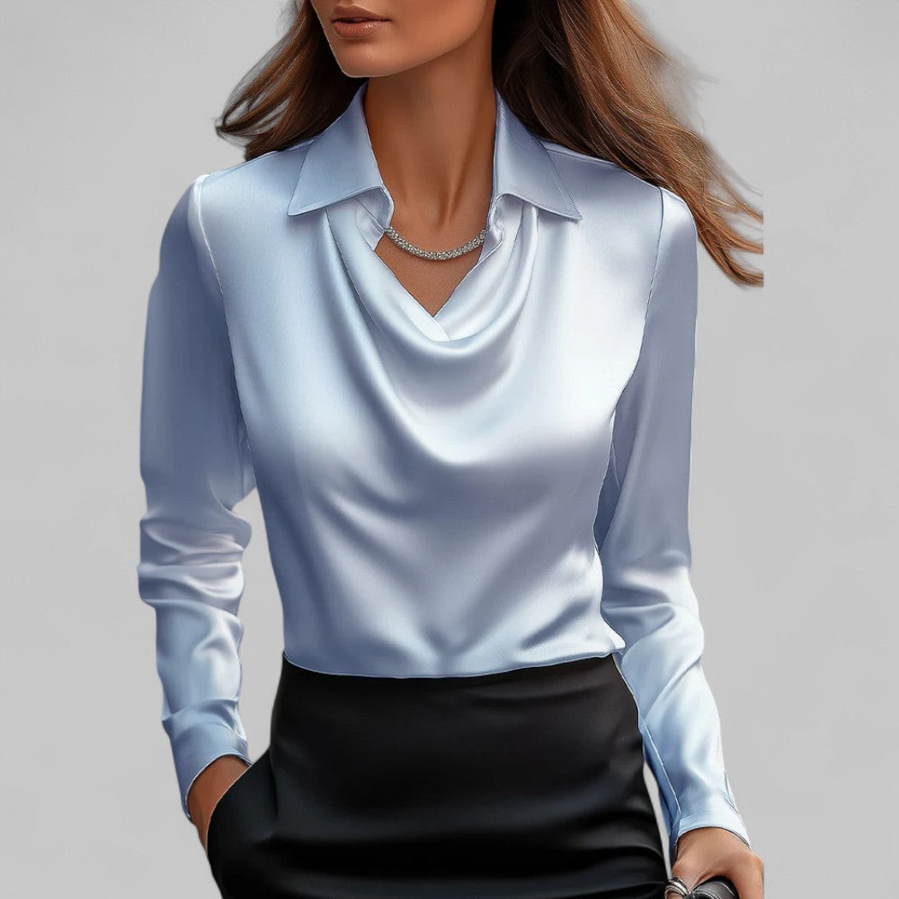 Rosa Women's Satin Blouse | Draped Neck, Long Sleeve 5
