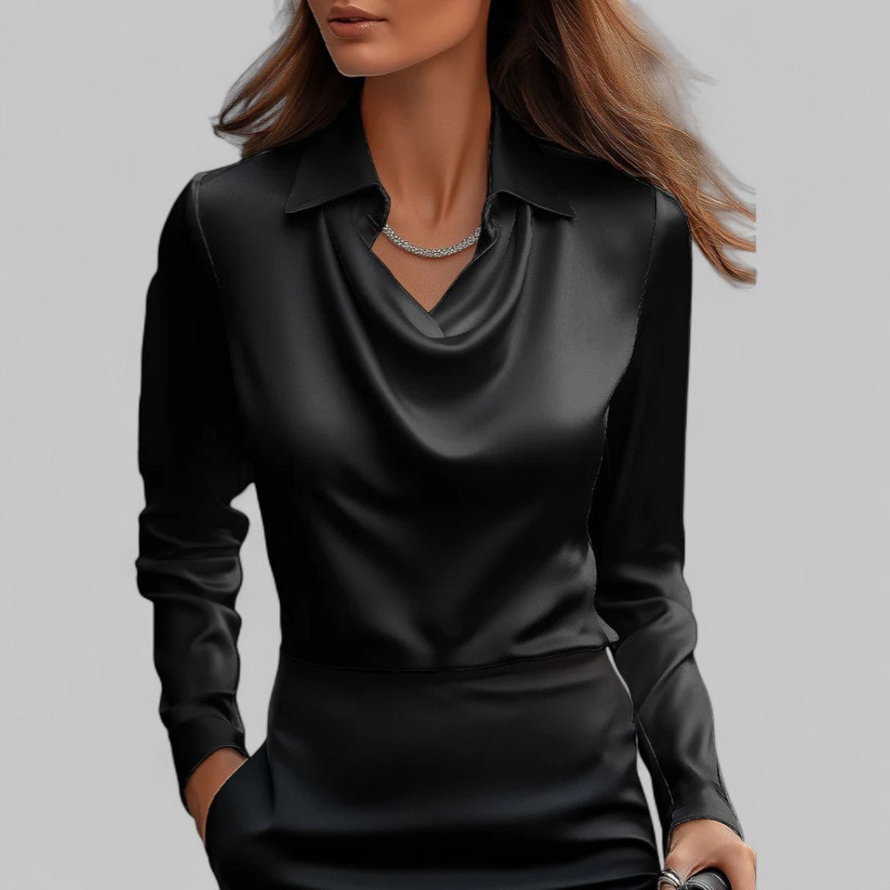 Rosa Women's Satin Blouse | Draped Neck, Long Sleeve 8