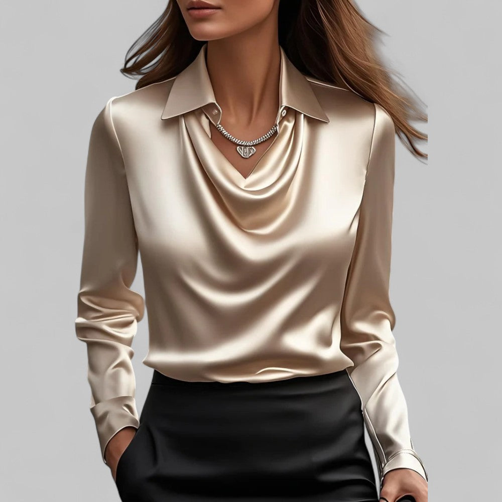 Rosa Women's Satin Blouse | Draped Neck, Long Sleeve 9