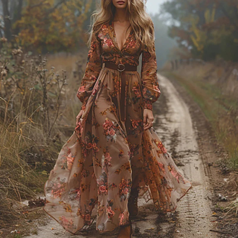 Women's Bohemian Floral Maxi Dress with Pleated Design | Effortless Summer Style for Wedding Guests