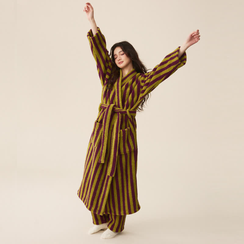 Sleek Women's Robe | Cozy Striped Polyester Fleece Bathrobe 6