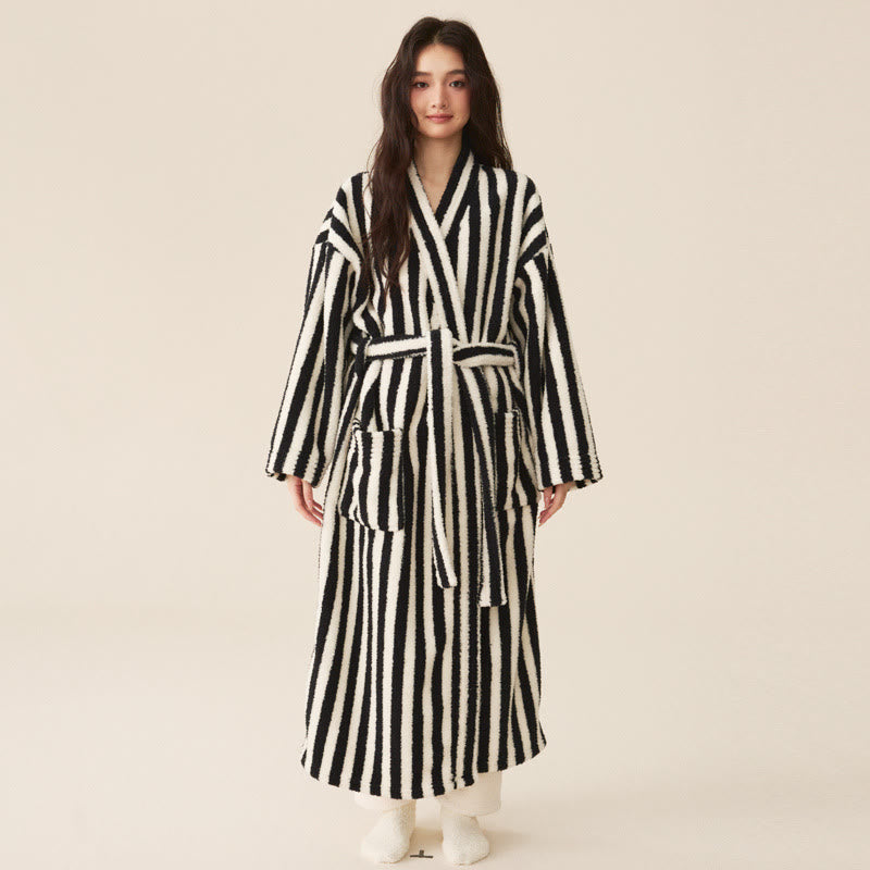 Sleek Women's Robe | Cozy Striped Polyester Fleece Bathrobe 8