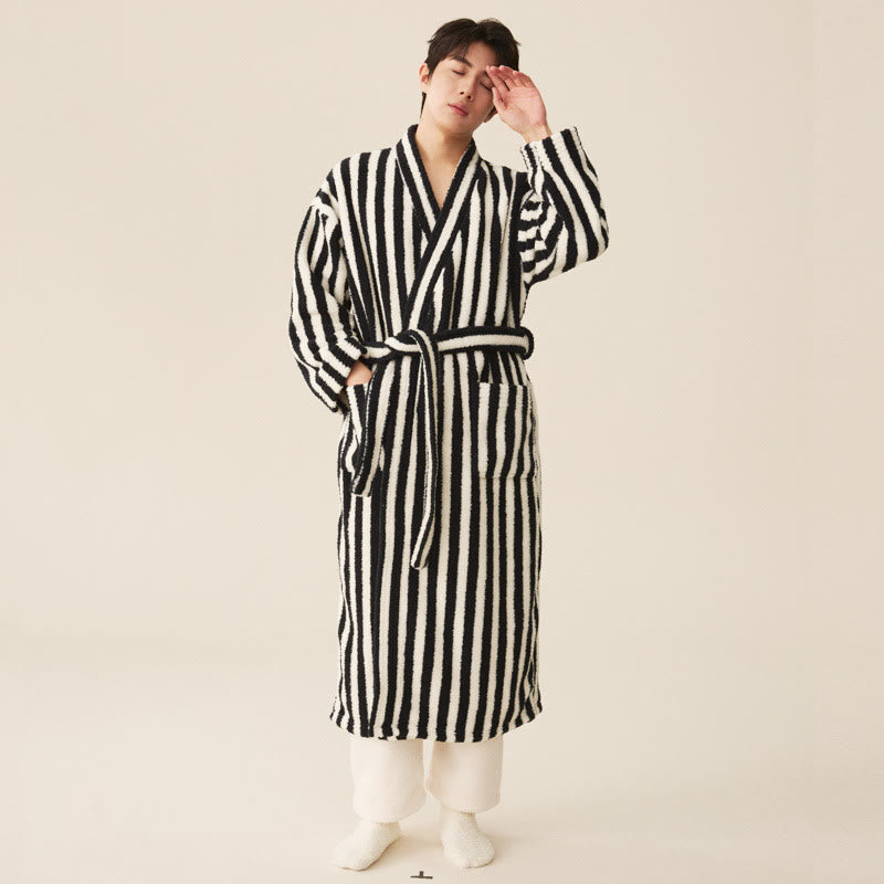 Sleek Women's Robe | Cozy Striped Polyester Fleece Bathrobe 9