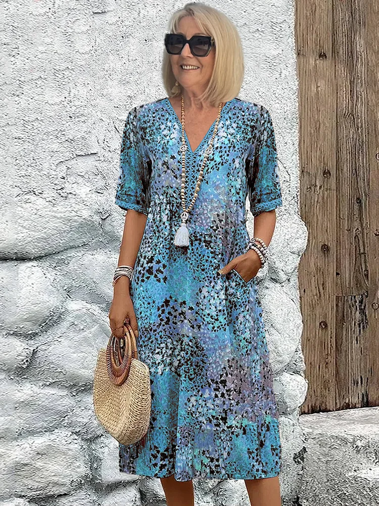 Women's Dress with Colorful Midi Design & Functional Pockets | Stylish Wedding Guest Dress for Effortless Elegance