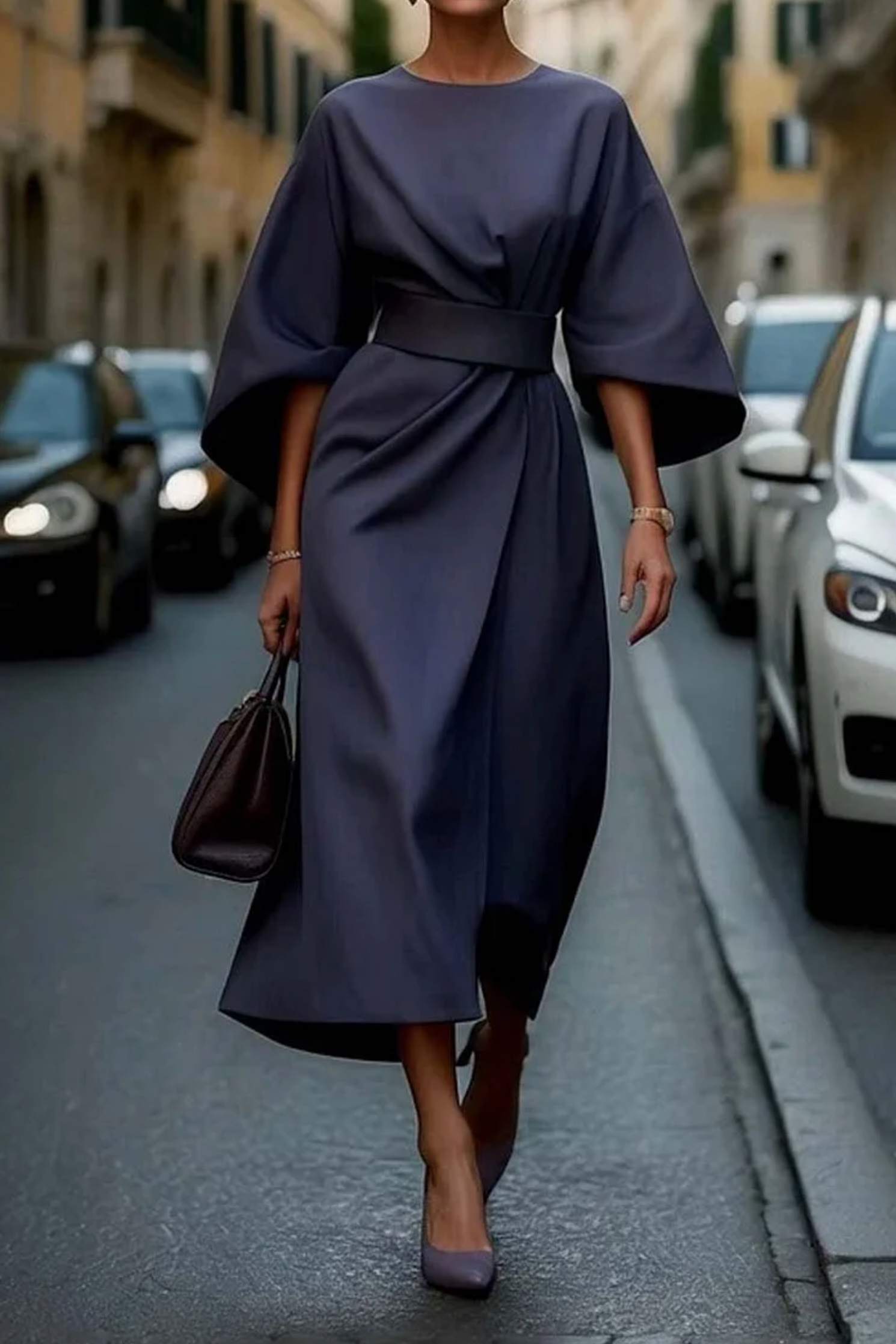 Women's Dress with Lantern Sleeves & Adjustable Waist Bow | Elegant Style for Wedding Guests