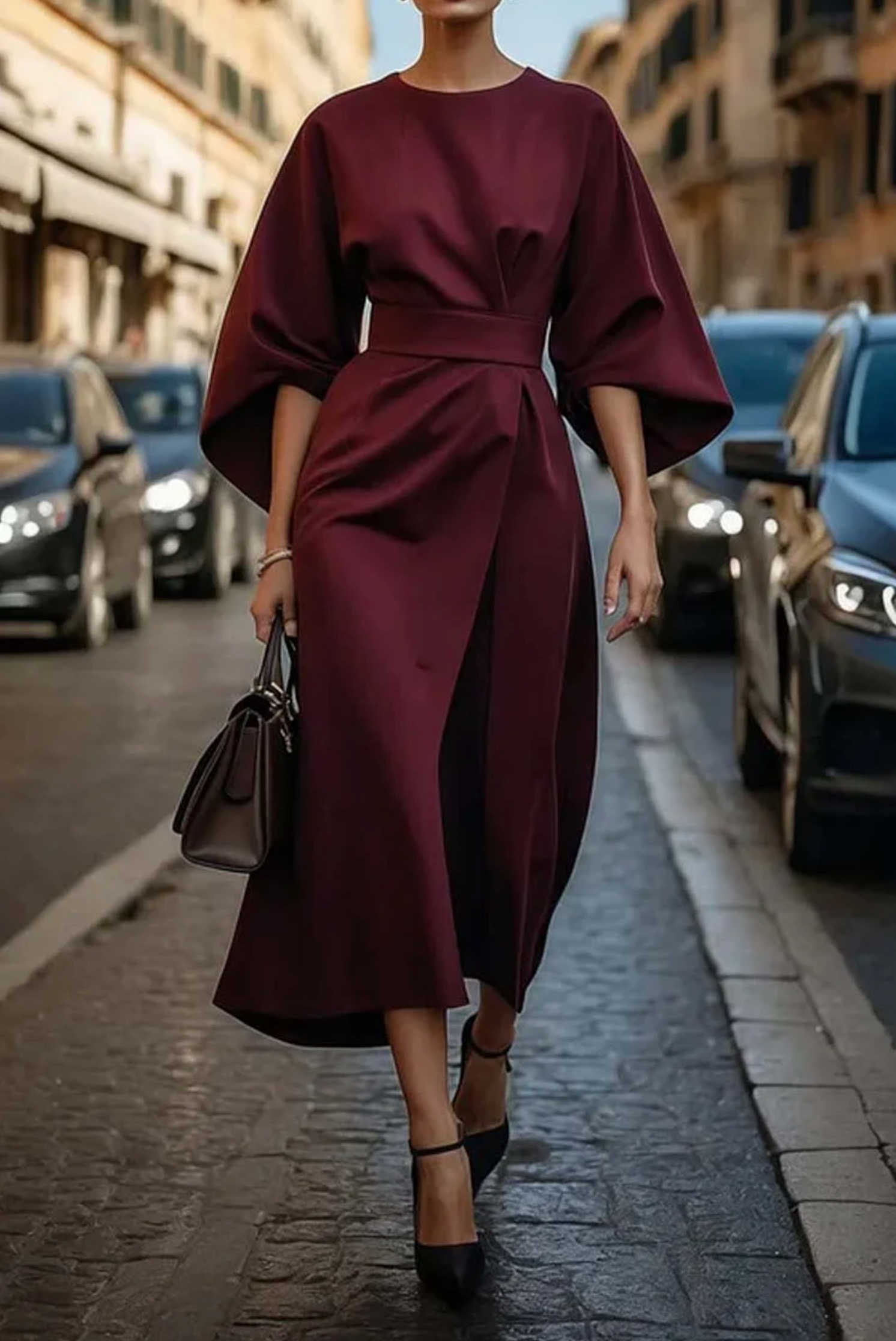 Women's Dress with Lantern Sleeves & Adjustable Waist Bow | Elegant Style for Wedding Guests