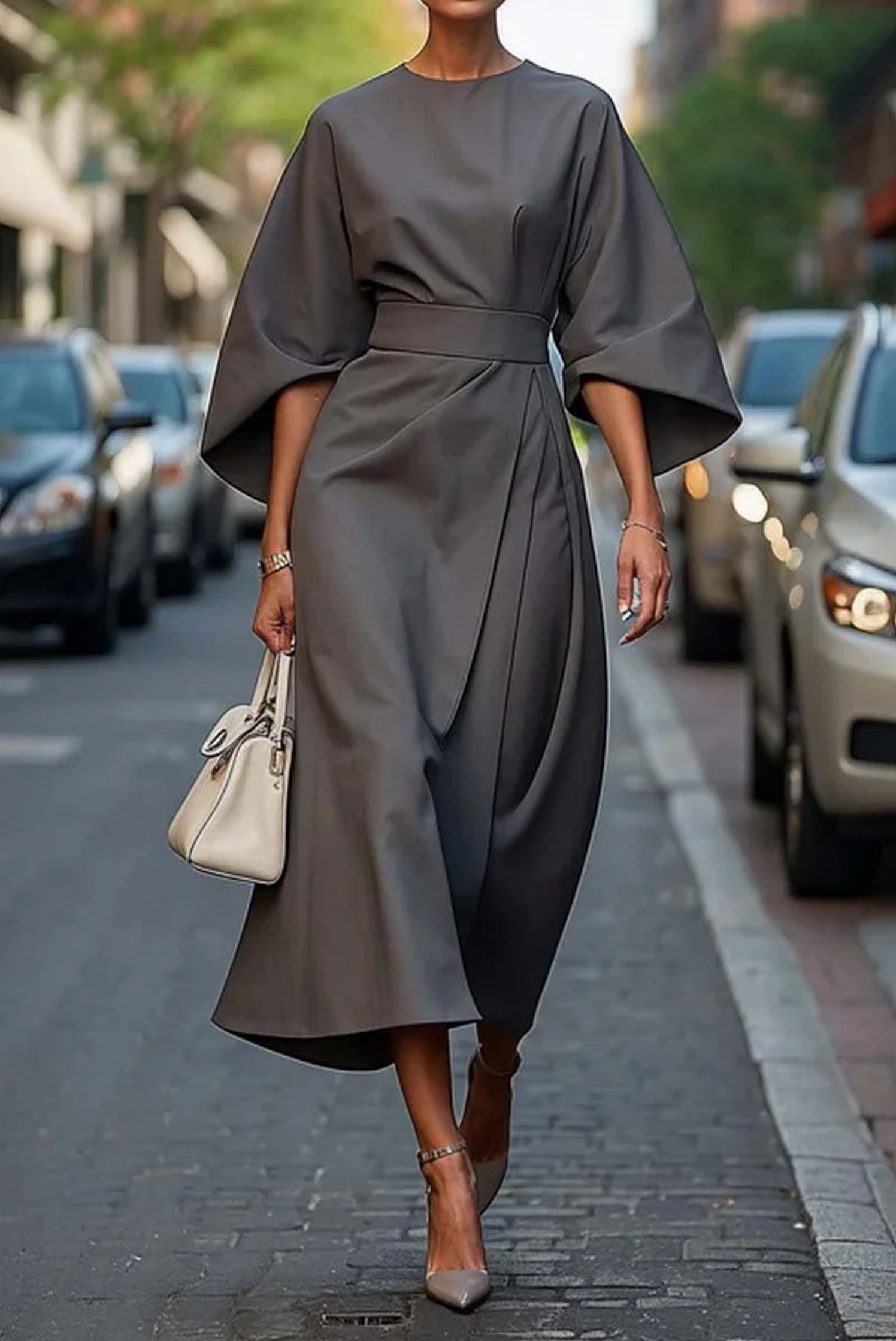 Women's Dress with Lantern Sleeves & Adjustable Waist Bow | Elegant Style for Wedding Guests