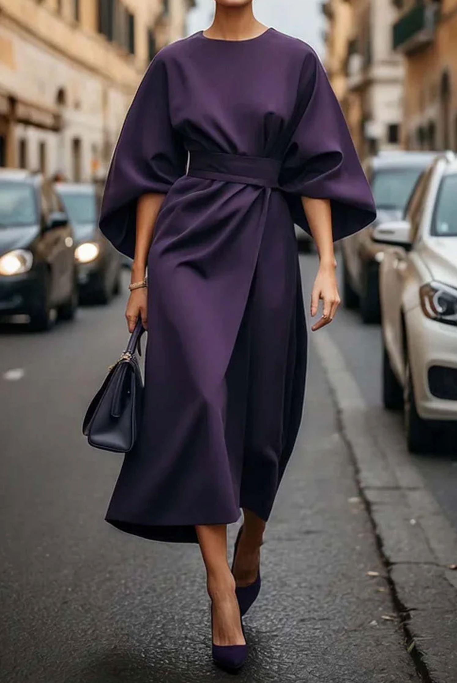 Women's Dress with Lantern Sleeves & Adjustable Waist Bow | Elegant Style for Wedding Guests