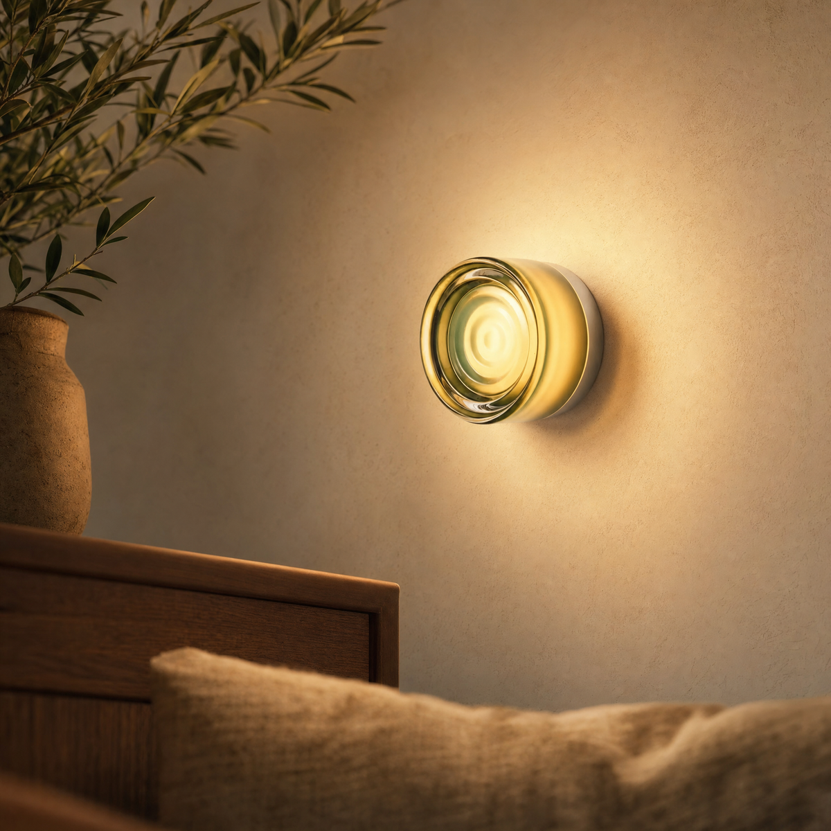 Ansa art glass wall sconce lit at night on a warm cream plaster wall beside a bed