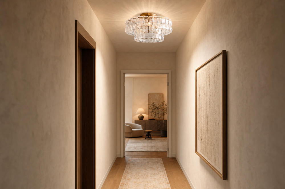Ghiaccio flush mount in a hallway with a low ceiling